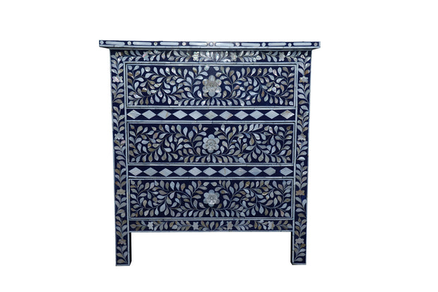 Mother of Pearl Inlay Large 3 Drawer Bedside - Indigo Blue Floral