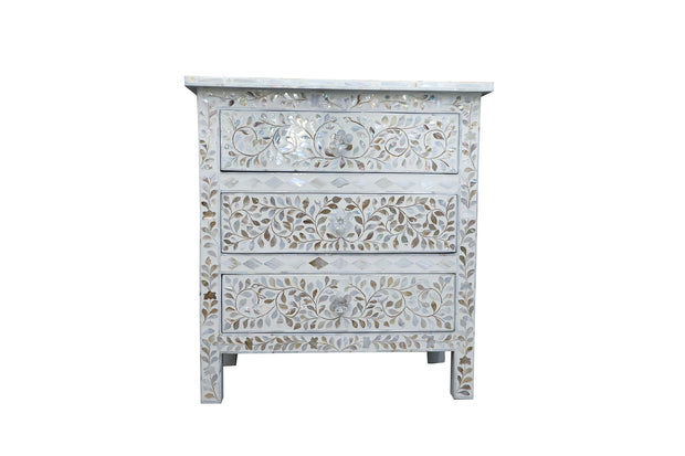Mother of Pearl Inlay Large 3 Drawer Bedside - White Floral