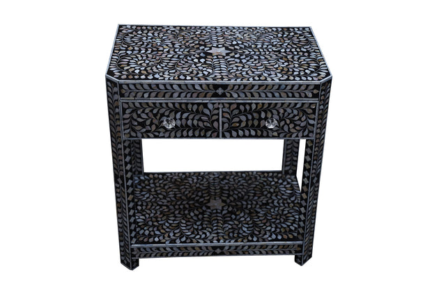 Mother of Pearl Inlay LARGE  1 Drawer Bedside Table or Side Table with Shelf - Black Floral