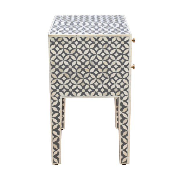 Bone Inlay Bedside Table 2 Drawers -  Grey Geometric