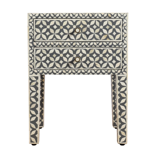 Bone Inlay Bedside Table 2 Drawers -  Grey Geometric