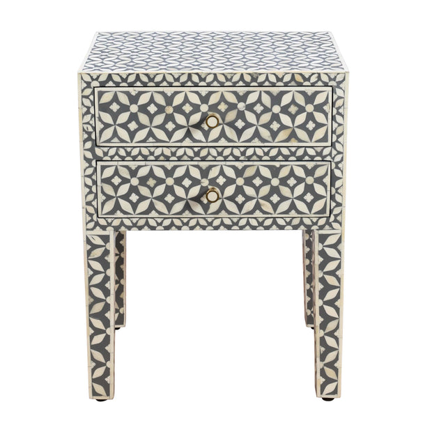 Bone Inlay Bedside Table 2 Drawers -  Grey Geometric