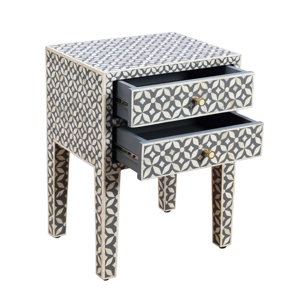 Bone Inlay Bedside Table 2 Drawers -  Grey Geometric