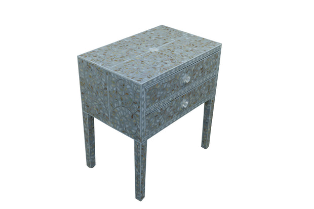 Mother of Pearl Inlay 2 Draw Bedside Table (LARGE) - Grey