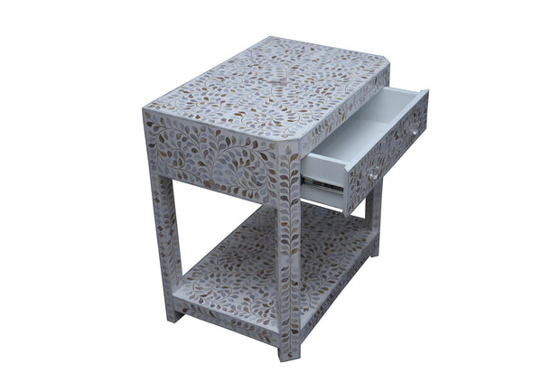 Mother of Pearl Inlay LARGE 1 Drawer Bedside Table or Side Table with Shelf - White Floral