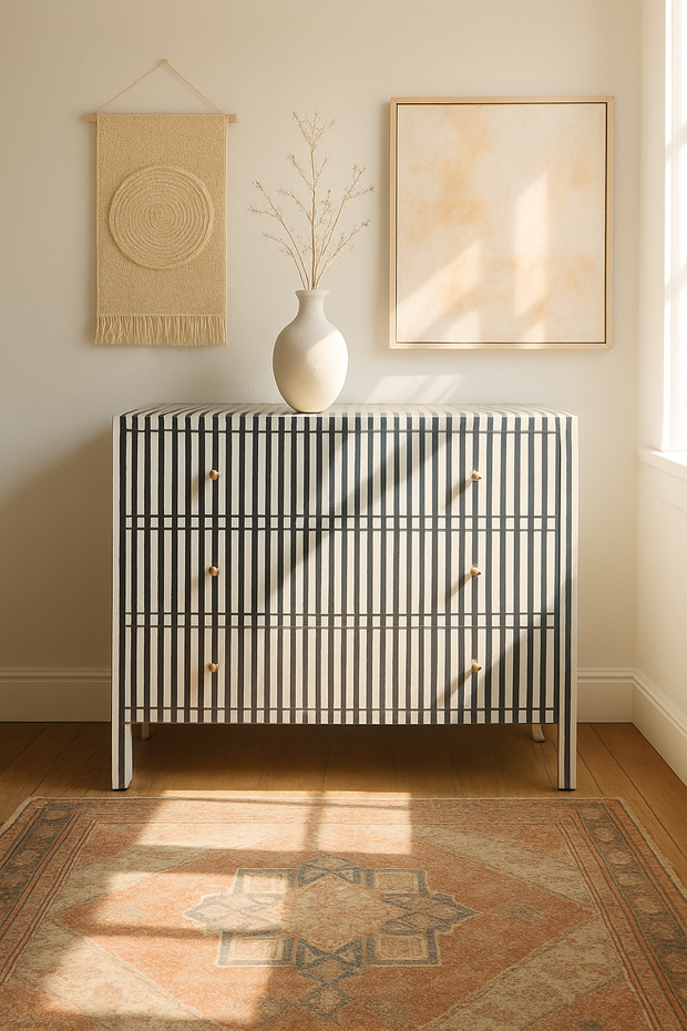 Bone Inlay 3 Drawer Chest of Drawers - Black Stripe / Lines