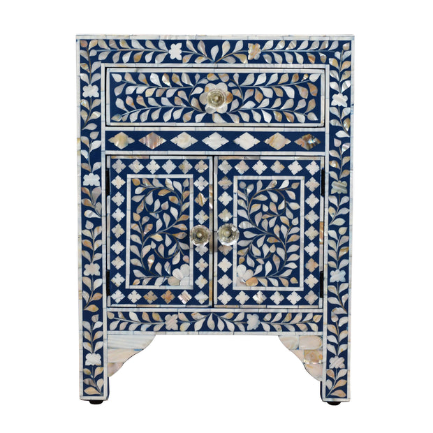Mother of Pearl Inlay Bedside Table - Indigo Blue - Abacus and Hunt