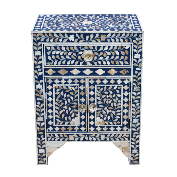 Mother of Pearl Inlay Bedside Table - Indigo Blue - Abacus and Hunt