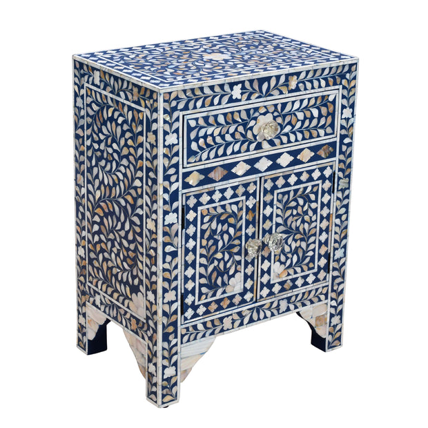 Mother of Pearl Inlay Bedside Table - Indigo Blue - Abacus and Hunt