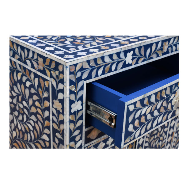 Mother of Pearl Inlay Bedside Table - Indigo Blue - Abacus and Hunt
