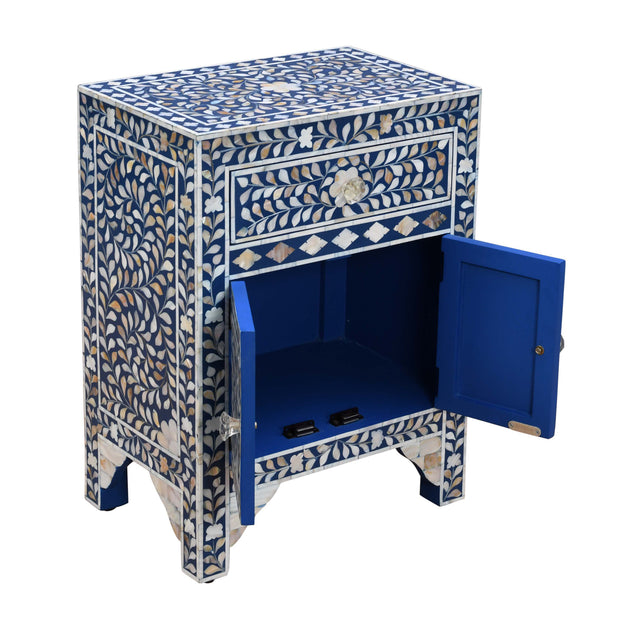 Mother of Pearl Inlay Bedside Table - Indigo Blue - Abacus and Hunt
