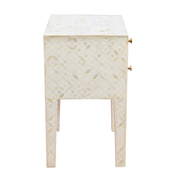Bone Inlay Bedside Table 2 Drawers -  White Geometric