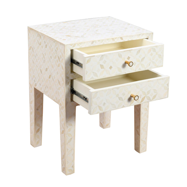 Bone Inlay Bedside Table 2 Drawers -  White Geometric