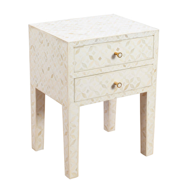 Bone Inlay Bedside Table 2 Drawers -  White Geometric