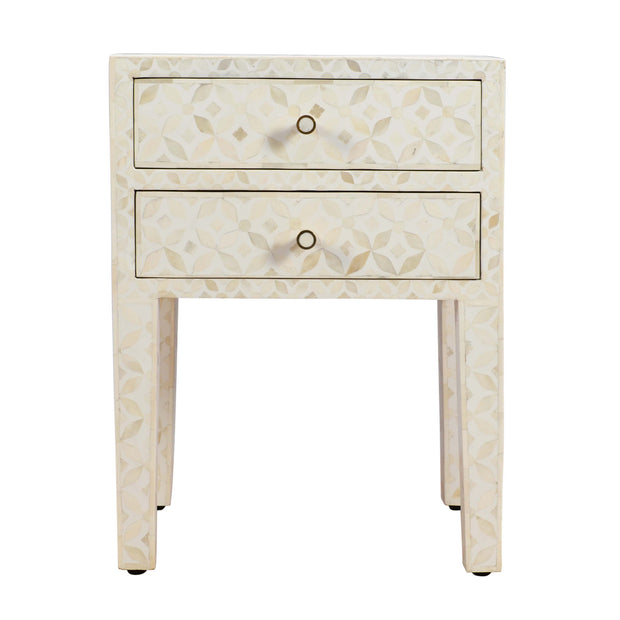 Bone Inlay Bedside Table 2 Drawers -  White Geometric