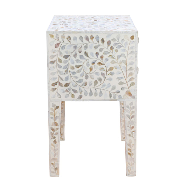 Mother of Pearl Inlay 2 Drawer Bedside Table - White Floral