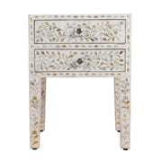 Mother of Pearl Inlay 2 Drawer Bedside Table - White Floral