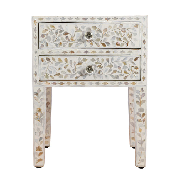 Mother of Pearl Inlay 2 Drawer Bedside Table - White Floral