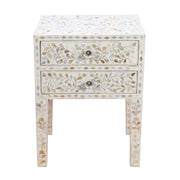 Mother of Pearl Inlay 2 Drawer Bedside Table - White Floral