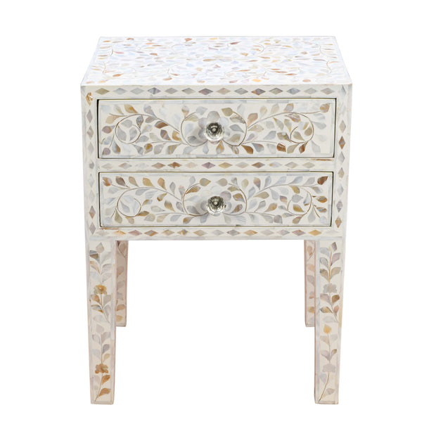 Mother of Pearl Inlay 2 Drawer Bedside Table - White Floral