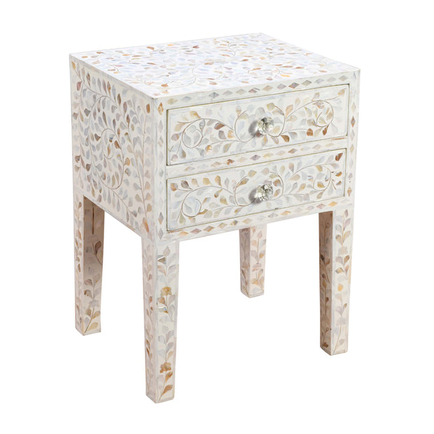Mother of Pearl Inlay 2 Drawer Bedside Table - White Floral