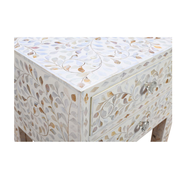 Mother of Pearl Inlay 2 Drawer Bedside Table - White Floral