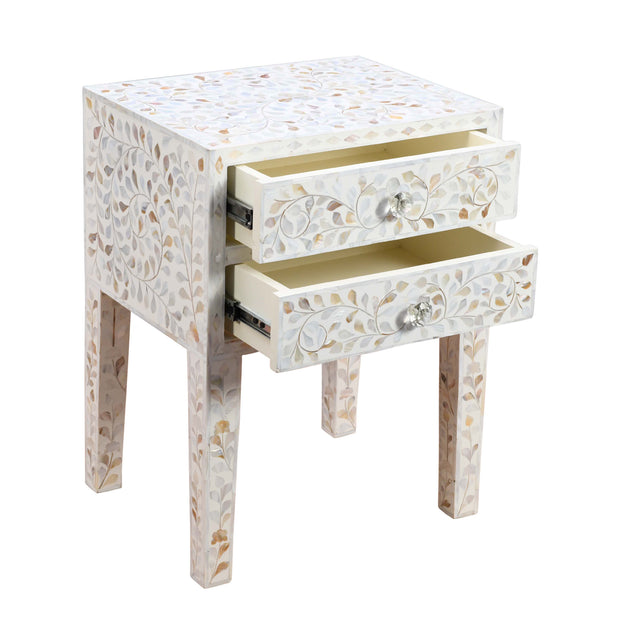 Mother of Pearl Inlay 2 Drawer Bedside Table - White Floral