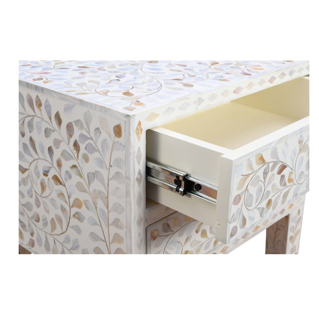 Mother of Pearl Inlay 2 Drawer Bedside Table - White Floral