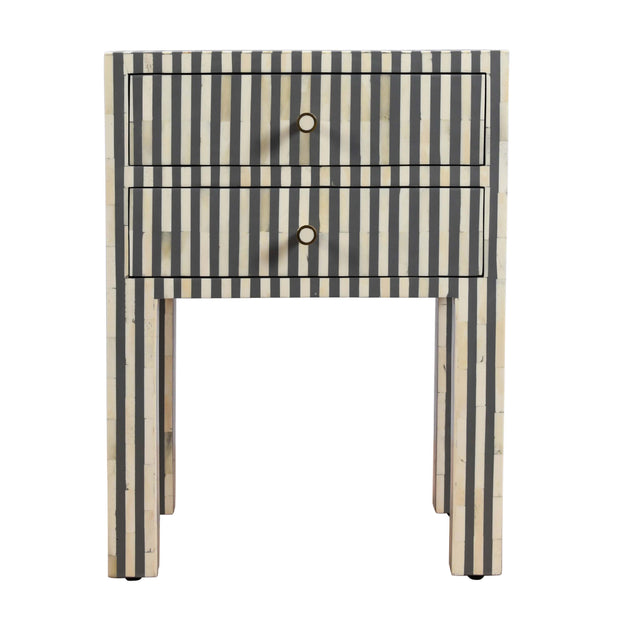 Bone Inlay Bedside Table 2 Drawers -  Grey Stripe