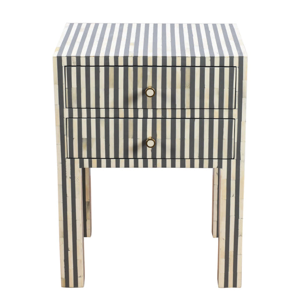 Bone Inlay Bedside Table 2 Drawers -  Grey Stripe