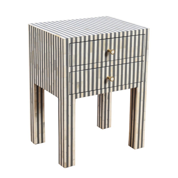Bone Inlay Bedside Table 2 Drawers -  Grey Stripe