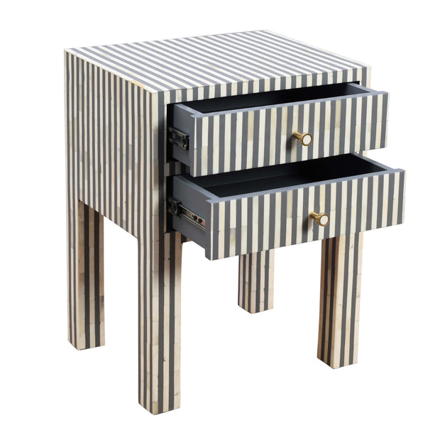 Bone Inlay Bedside Table 2 Drawers -  Grey Stripe