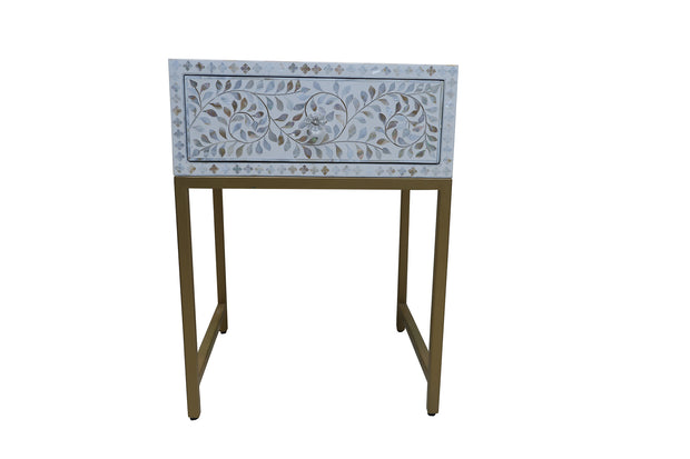 Mother of Pearl Inlay 1 Drawer Bedside Table  - White Floral