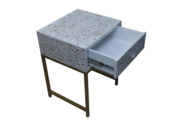 Mother of Pearl Inlay 1 Drawer Bedside Table  - White Floral