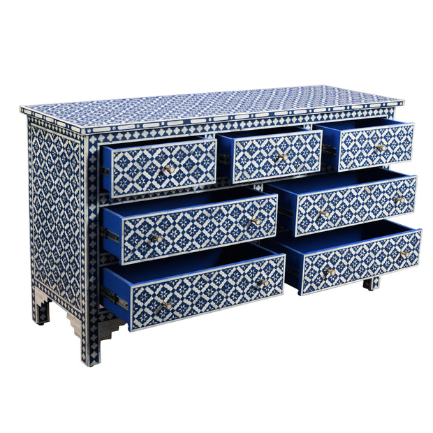 Bone Inlay 7 Drawer Chest of Drawers - Navy Wallpaper
