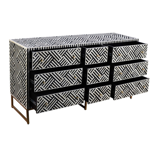 Bone Inlay Buffet 9 Drawer Chest - Black Lines