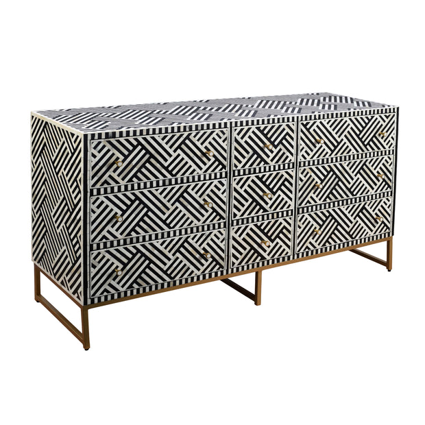 Bone Inlay Buffet 9 Drawer Chest - Black Lines