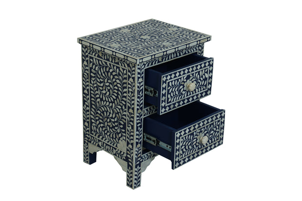 Bone Inlay Bedside Table with 2 Drawers -  Navy Blue Floral
