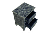 Bone Inlay Bedside Table with 2 Drawers -  Navy Blue Floral