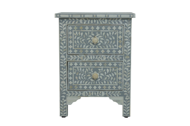 Bone Inlay Bedside Table with 2 Drawers -  Light Grey Floral