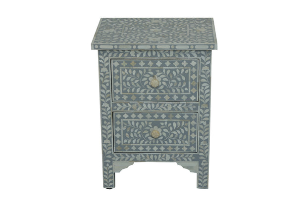 Bone Inlay Bedside Table with 2 Drawers -  Light Grey Floral