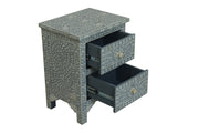 Bone Inlay Bedside Table with 2 Drawers -  Light Grey Floral