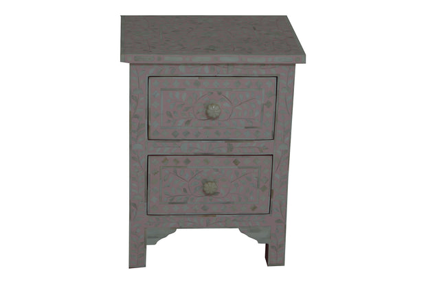 Bone Inlay Bedside Table with 2 Drawers -  Light Pink Floral