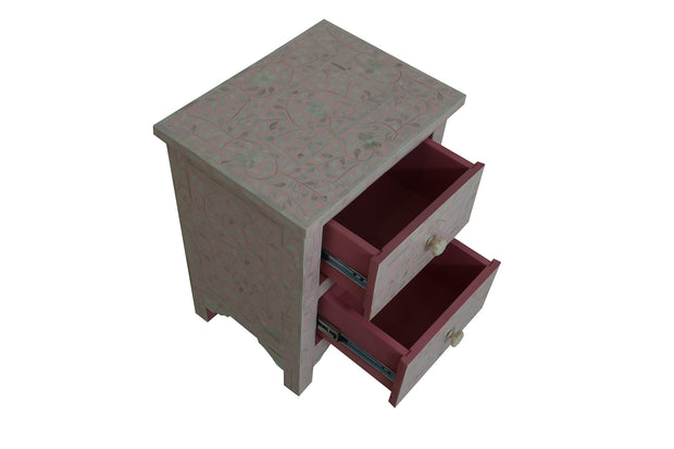 Bone Inlay Bedside Table with 2 Drawers -  Light Pink Floral