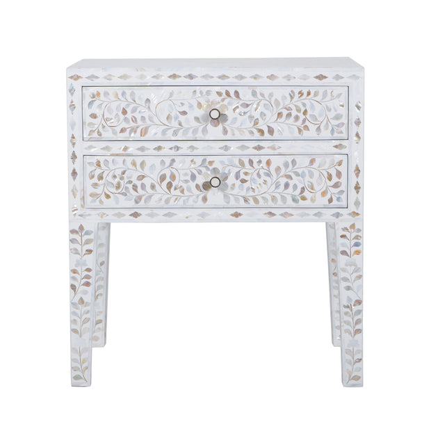 Mother of Pearl Inlay 2 Draw Bedside Table (LARGE) - White