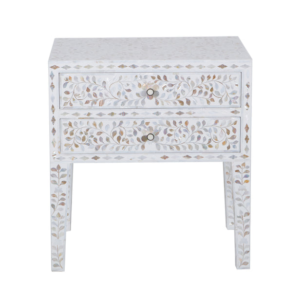 Mother of Pearl Inlay 2 Draw Bedside Table (LARGE) - White
