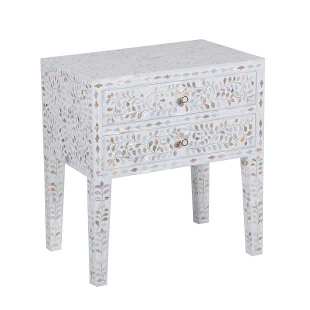 Mother of Pearl Inlay 2 Draw Bedside Table (LARGE) - White