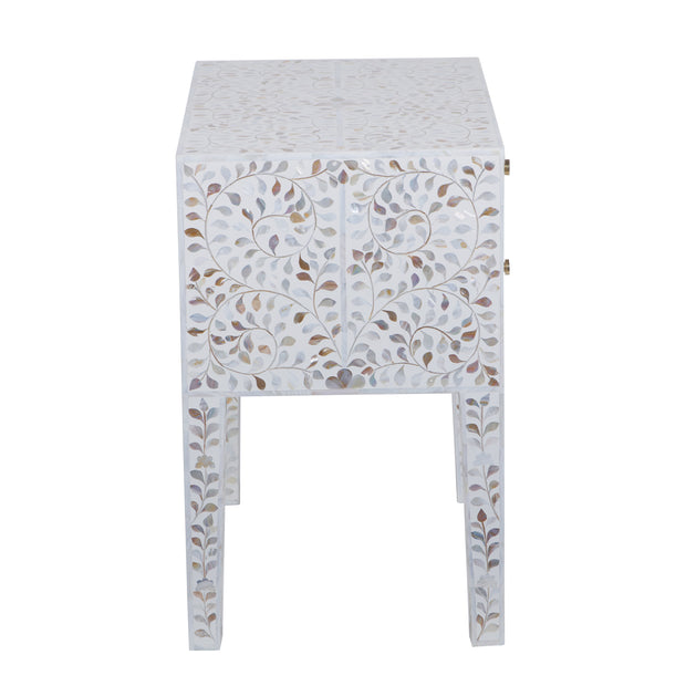 Mother of Pearl Inlay 2 Draw Bedside Table (LARGE) - White