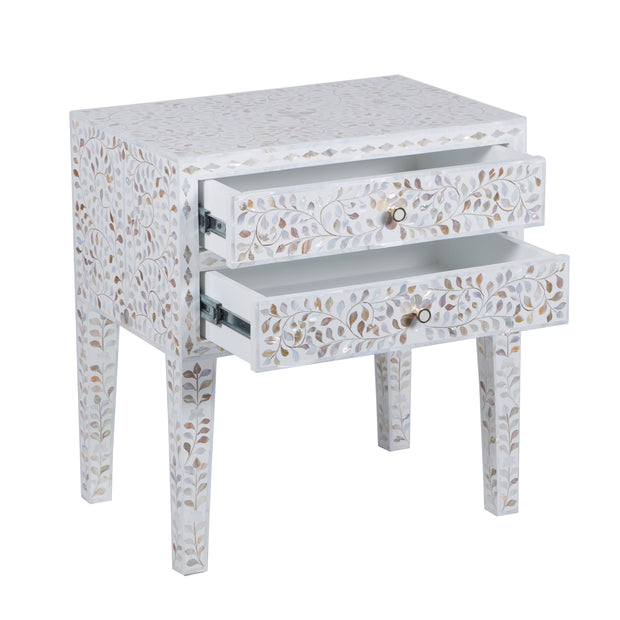 Mother of Pearl Inlay 2 Draw Bedside Table (LARGE) - White