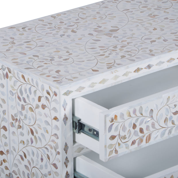 Mother of Pearl Inlay 2 Draw Bedside Table (LARGE) - White
